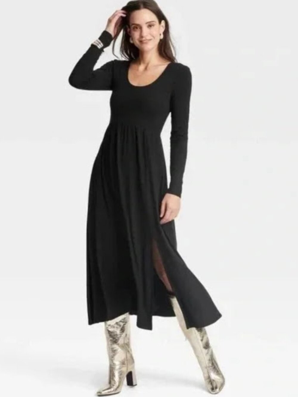 NWT A New Day Long Sleeve Knit Ballet Maxi Midi Dress w/ Pockets - Black XL